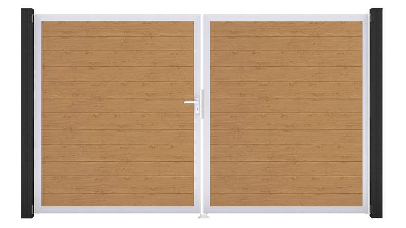 planeo Gardence Simply Small - PVC-Tor - DIN Links 2-flügelig Asteiche Natur mit Silber-Alurahmen | EV1 300 x 180 cm