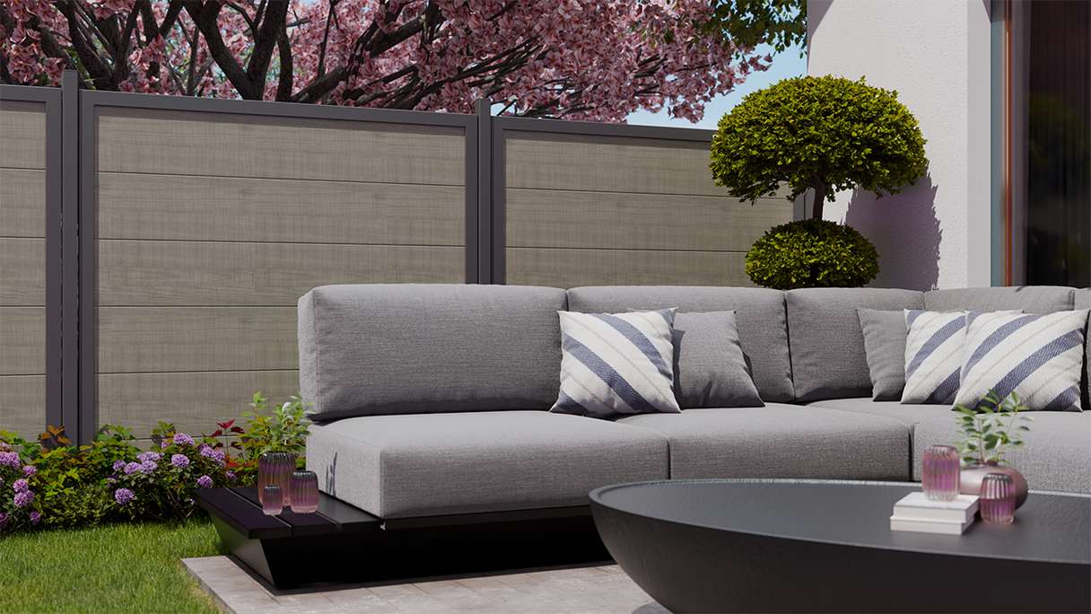 planeo Gardence Simply Guard - PVC-Gartenzaun Grey Ash Cut mit Alu-Rahmen in Anthrazit 180 x 180 cm