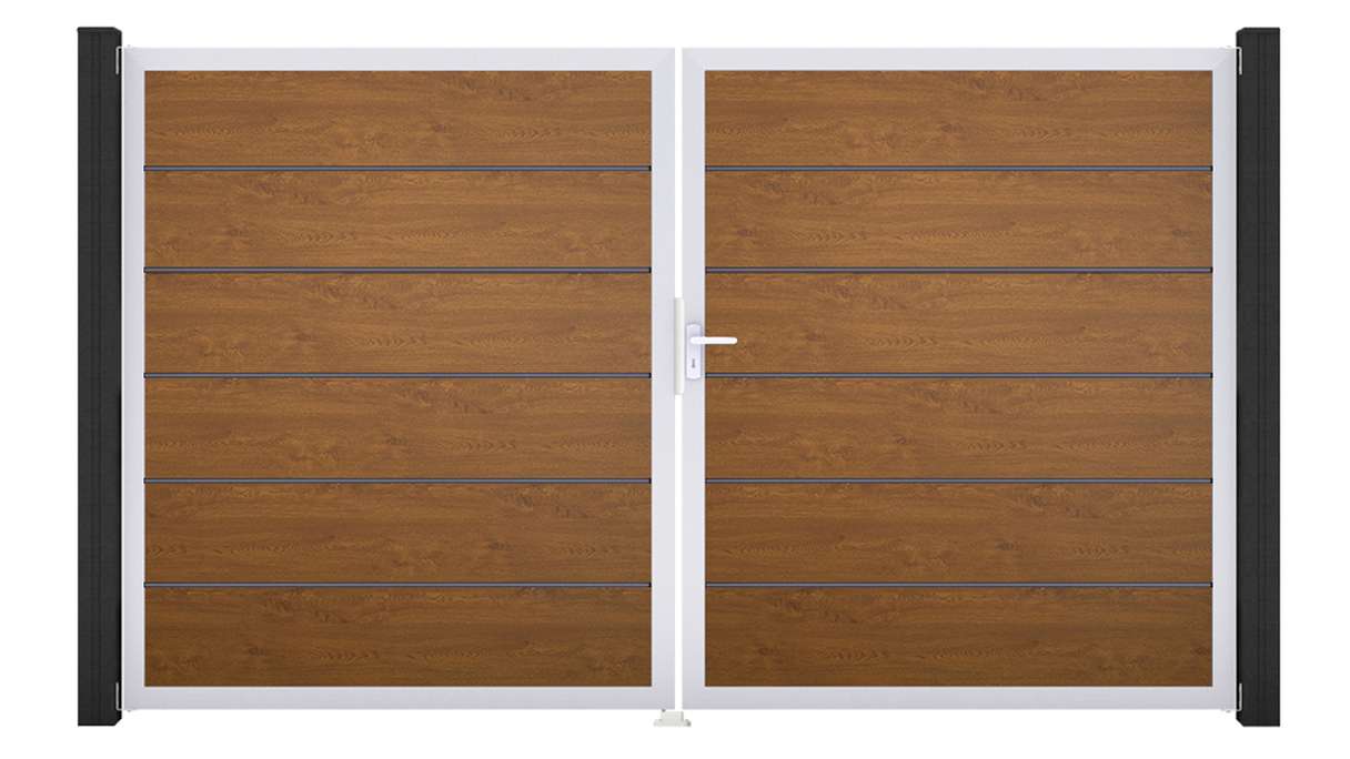 planeo Gardence Simply Premium - PVC-Tor 2-flügelig Golden Oak mit Alurahmen 300 x 180 cm