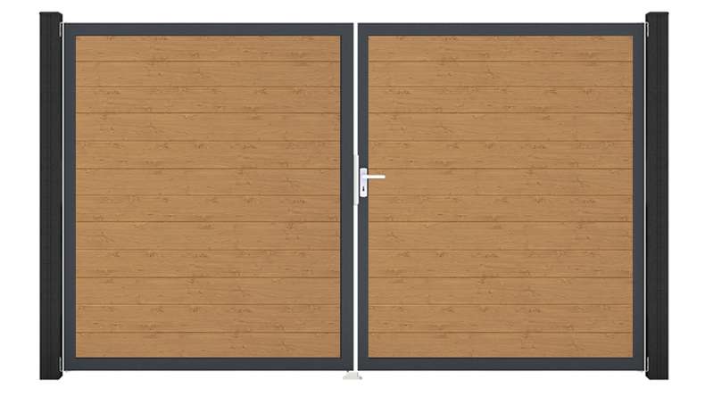 planeo Gardence Simply Small - PVC-Tor - DIN Rechts 2-flügelig Asteiche Natur mit Anthrazit-Alurahmen | DB703 300 x 180 cm