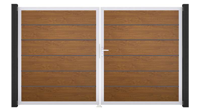 planeo Gardence Simply Premium - PVC-Tor 2-flügelig Golden Oak mit Alurahmen 300 x 180 cm