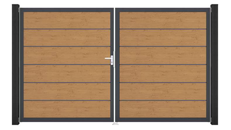 planeo Gardence Simply Premium - PVC-Tor 2-flügelig Asteiche Natur mit Alurahmen 300 x 180 cm