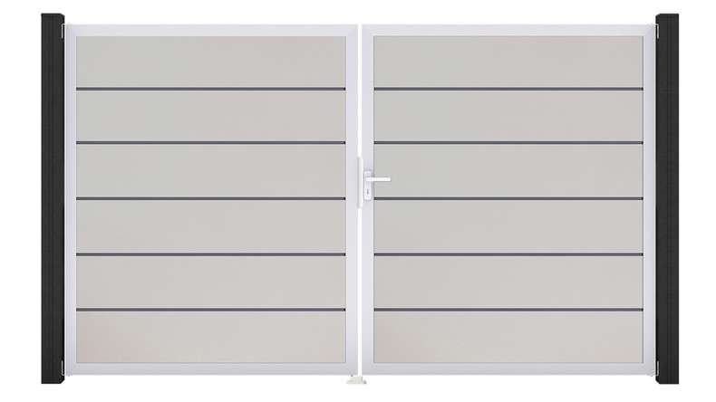 planeo Gardence Simply Premium - PVC-Tor - DIN Rechts 2-flügelig Weiss mit Silber-Alurahmen | EV1 300 x 180 cm