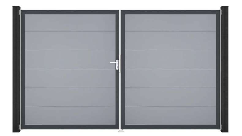 planeo Gardence Simply - PVC-Tor - DIN Links 2-flügelig Silbergrau mit Anthrazit-Alurahmen