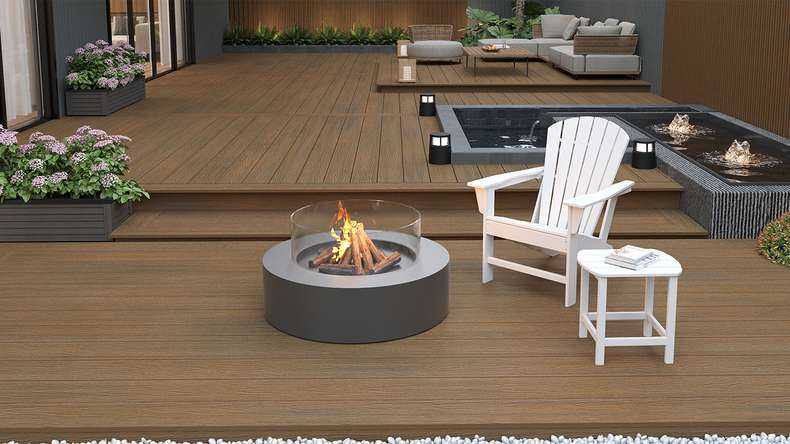 planeo MAXLine Nature - 3m WPC CoEx ummantelte XL Terrassendiele Verbundprofil leicht - Burma Teak strukturiert/glatt gebürstet