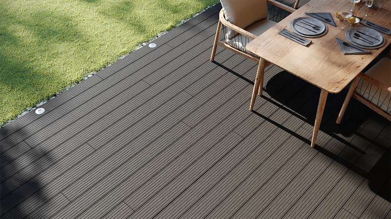 planeo LightWood WPC-Terrasse Komplett-Set Hohlkammerdiele - Dunkelgrau gerillt/genutet