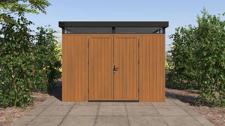 planeo WPC CoEx Flachdach Gartenhaus L - Burma Teak 300 x 292 x 226.5 cm