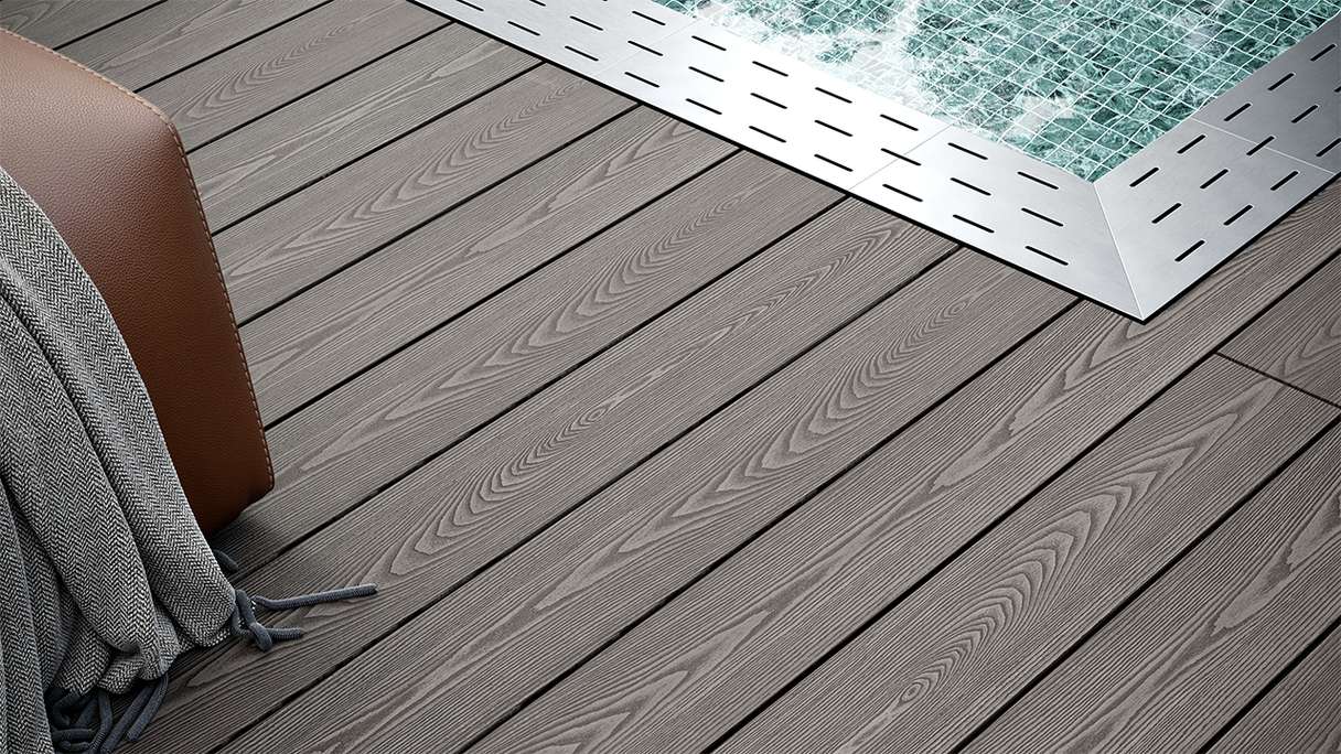 planeo SolidWood WPC Terrassendiele Massiv - Hellgrau 3m französisch/strukturiert