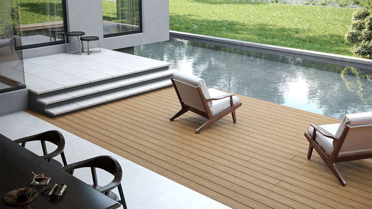 planeo CoEXWood WPC-Terrasse Komplett-Set Massivdiele - Sand/Karamell strukturiert