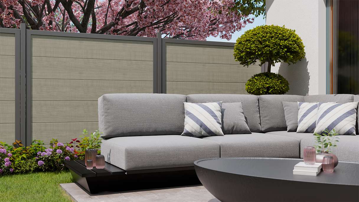 planeo Gardence Simply Guard - PVC-Gartenzaun Grey Ash Cut mit Alu-Rahmen in Anthrazit 180 x 180 cm