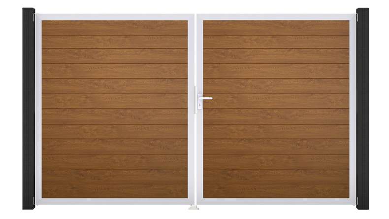 planeo Gardence Simply Small - PVC-Tor 2-flügelig Golden Oak mit Alurahmen 300 x 180 cm