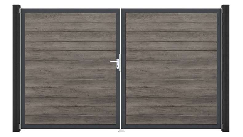 planeo Gardence Simply Small - PVC-Tor - DIN Links 2-flügelig Monument Oak mit Anthrazit-Alurahmen | DB703 300 x 180 cm