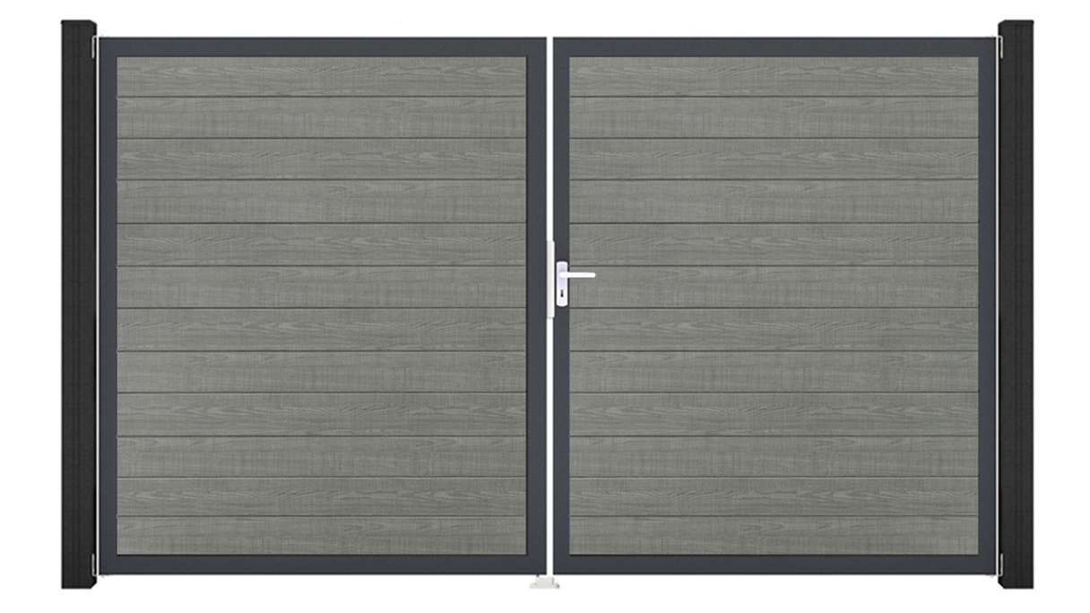 planeo Gardence Simply Small - PVC-Tor 2-flügelig Grey Ash Cut mit Alurahmen 300 x 180 cm