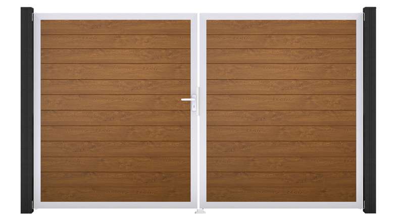 planeo Gardence Simply Small - PVC-Tor 2-flügelig Golden Oak mit Alurahmen 300 x 180 cm