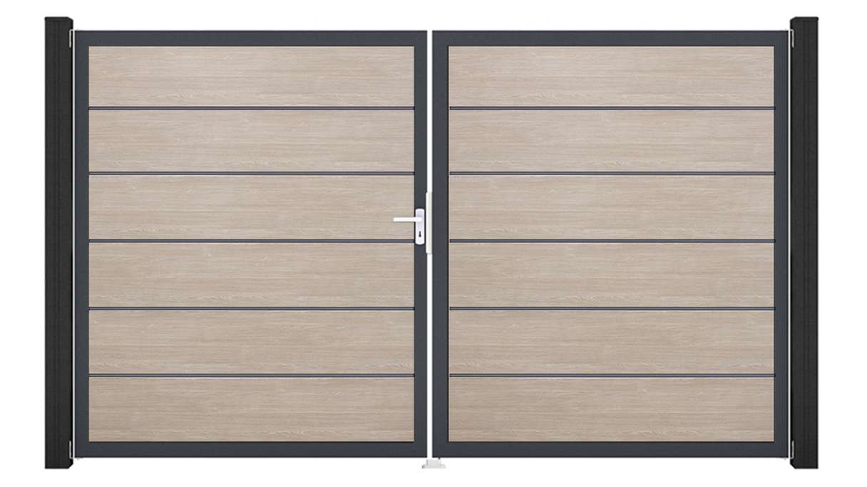 planeo Gardence Simply Premium - PVC-Tor 2-flügelig Sheffield Oak mit Alurahmen 300 x 180 cm