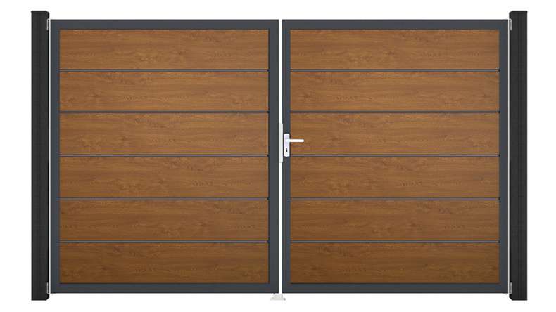 planeo Gardence Simply Premium - PVC-Tor - DIN Rechts 2-flügelig Golden Oak mit Anthrazit-Alurahmen | DB703 300 x 180 cm