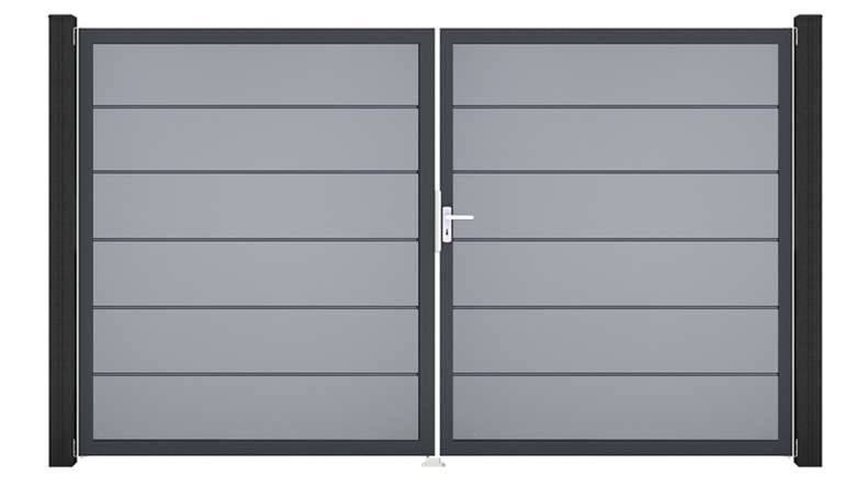 planeo Gardence Simply Premium - PVC-Tor - DIN Rechts 2-flügelig Silbergrau mit Anthrazit-Alurahmen | DB703 300 x 180 cm