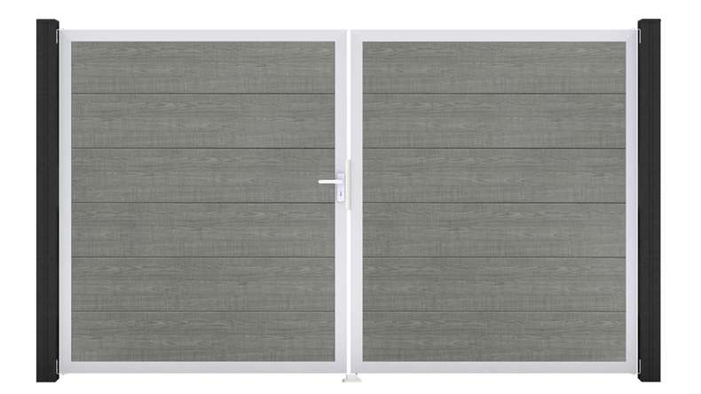 planeo Gardence Simply - PVC-Tor - DIN Links 2-flügelig Grey Ash Cut mit Silber-Alurahmen
