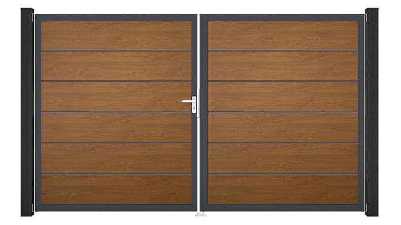 planeo Gardence Simply Premium - PVC-Tor 2-flügelig Golden Oak mit Alurahmen 300 x 180 cm