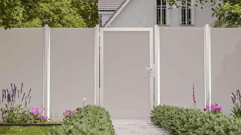 planeo Gardence Flair - Glas-Sichtschutz Tor DIN links Satiniert mit Alurahmen 100 x 180 cm
