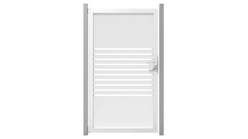 planeo Gardence Flair - Glas-Sichtschutz Tor DIN links Streifen mit Alurahmen 100 x 180 cm
