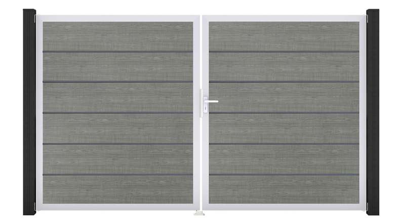 planeo Gardence Simply Premium - PVC-Tor 2-flügelig Grey Ash Cut mit Alurahmen 300 x 180 cm