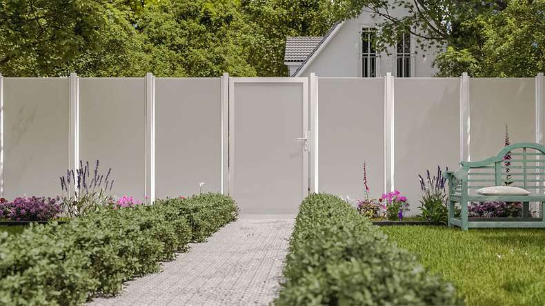 planeo Gardence Flair - Glas-Sichtschutz Tor DIN links Satiniert mit Alurahmen 100 x 180 cm