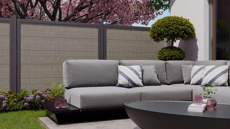 planeo Gardence Simply Guard - PVC-Gartenzaun Grey Ash Cut mit Alu-Rahmen in Anthrazit 180 x 180 cm