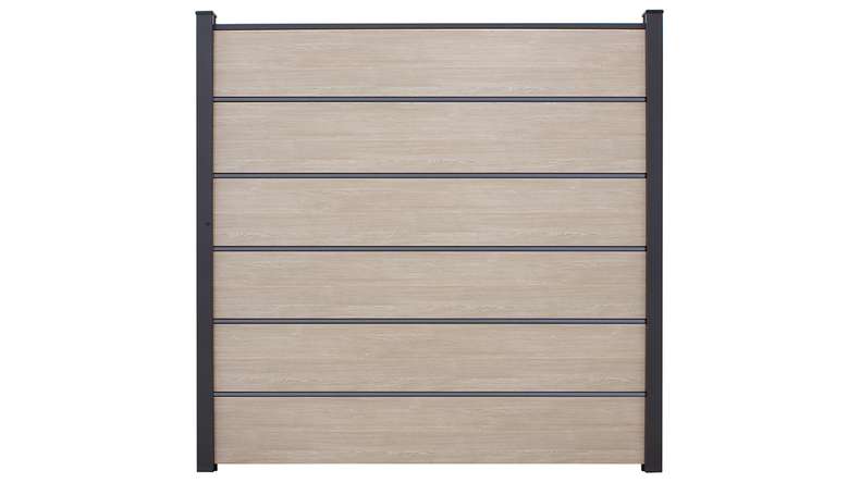 planeo Gardence Simply Premium - PVC-Steckzaun Sheffield Oak light mit Lisenen in Anthrazit 180 x 180 cm