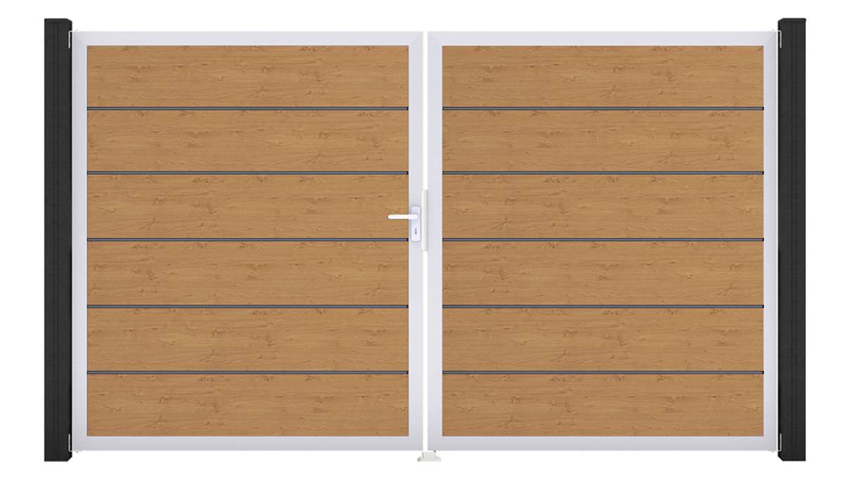 planeo Gardence Simply Premium - PVC-Tor 2-flügelig Asteiche Natur mit Alurahmen 300 x 180 cm