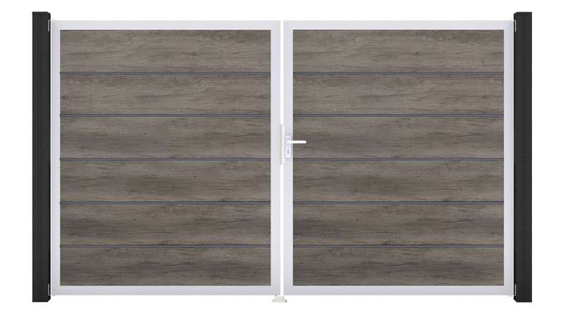 planeo Gardence Simply Premium - PVC-Tor 2-flügelig Monument Oak mit Alurahmen 300 x 180 cm