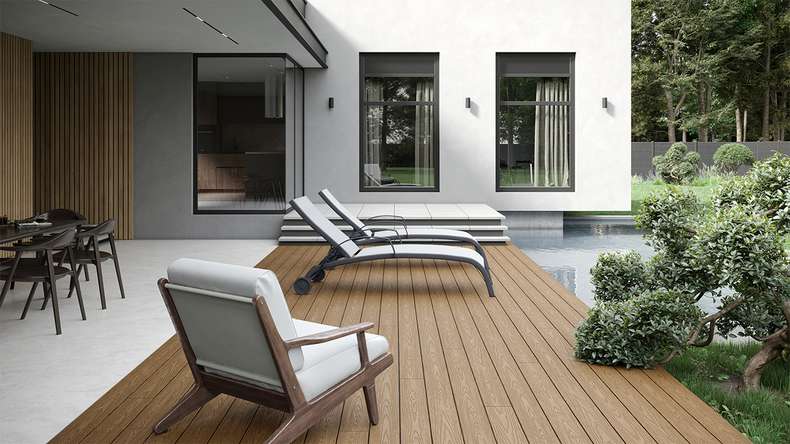 planeo CoEXWood WPC-Terrasse Komplett-Set Massivdiele - Sand/Karamell strukturiert
