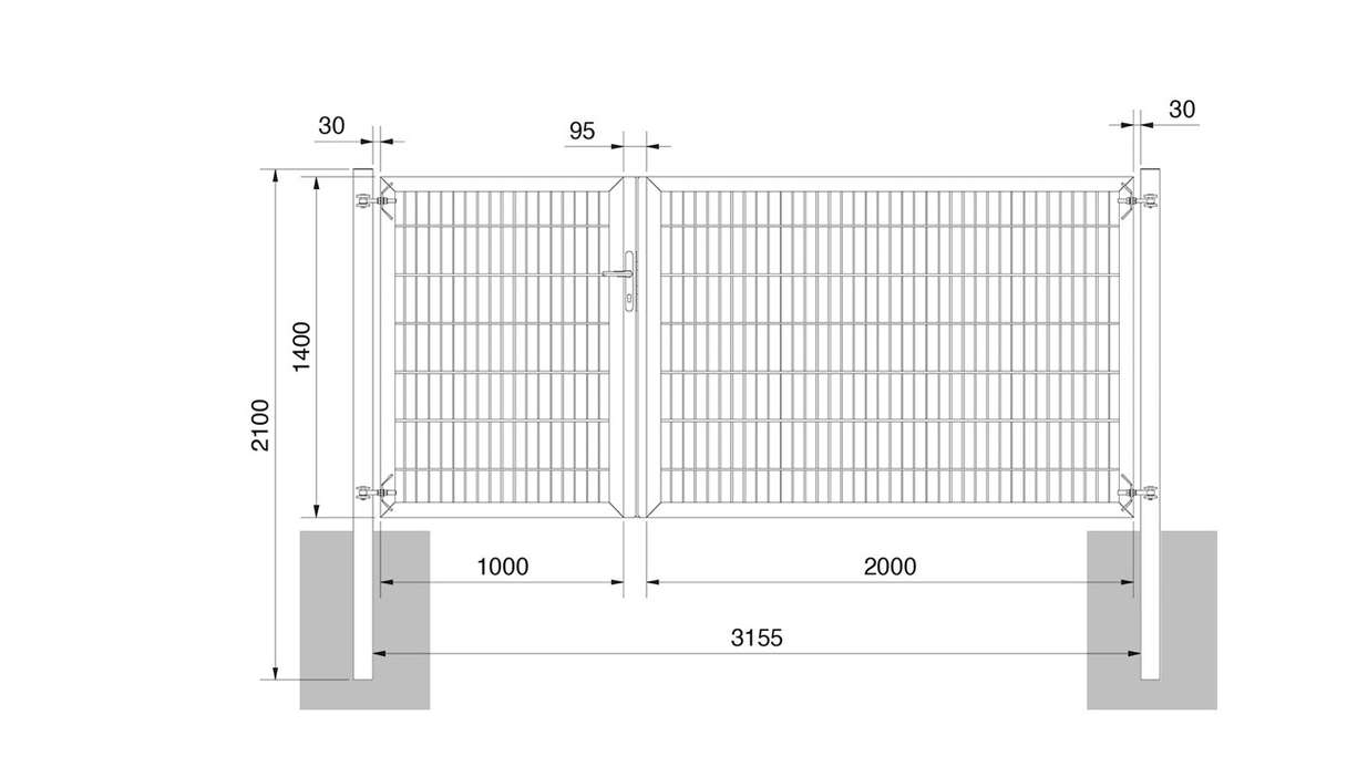 planeo Universaltor schwer 2-flg. Asymetrisch Feuerverzinkt H 1400 x B 3000 inkl. Torpfosten