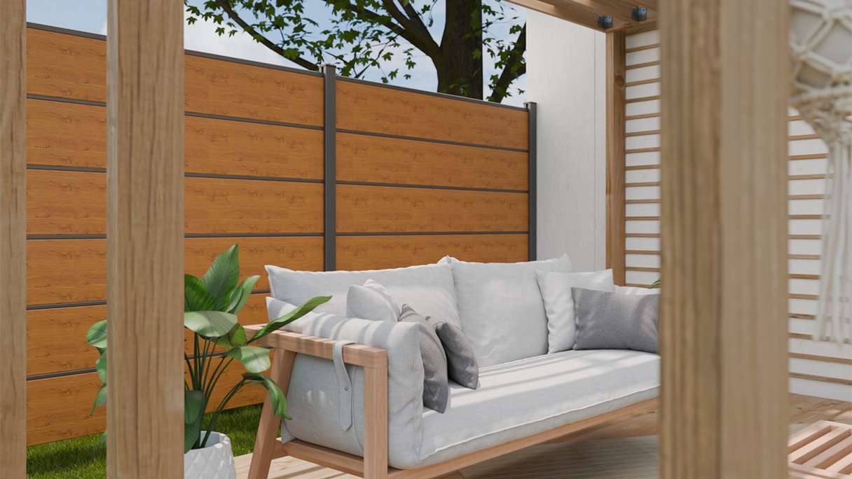 planeo Gardence Simply Premium - PVC-Steckzaun Asteiche Natur mit Lisenen in Anthrazit 180 x 180 cm