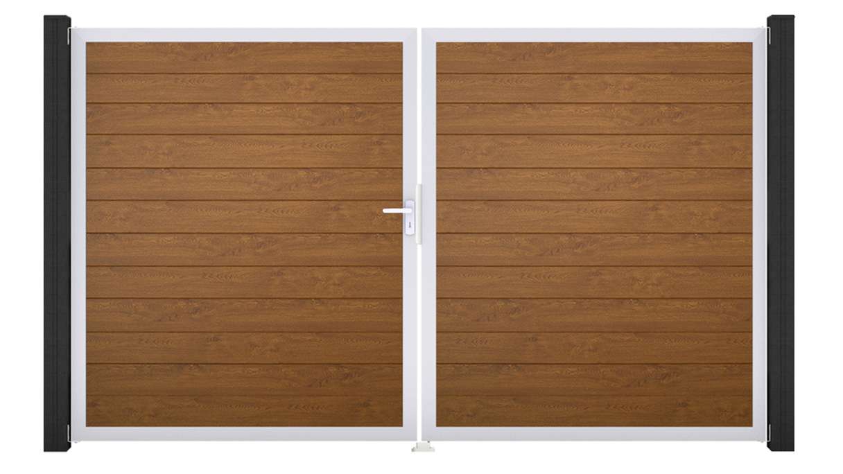 planeo Gardence Simply Small - PVC-Tor 2-flügelig Golden Oak mit Alurahmen 300 x 180 cm