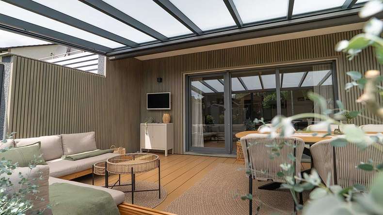 planeo MAXLine Nature - 3m WPC CoEx ummantelte XL Terrassendiele Verbundprofil leicht - Sand strukturiert/glatt gebürstet