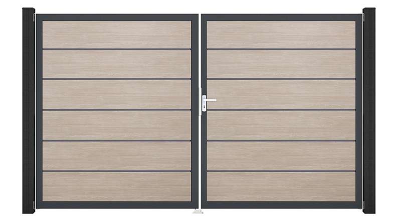 planeo Gardence Simply Premium - PVC-Tor - DIN Rechts 2-flügelig Sheffield Oak mit Anthrazit-Alurahmen | DB703 300 x 180 cm