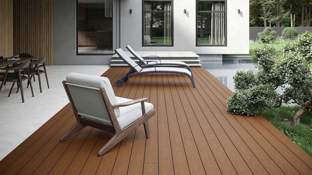 planeo CoEXWood WPC Terrassendiele Massiv ummantelt - Sand/Karamell 3m strukturiert