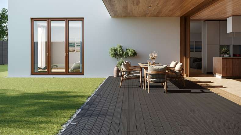 planeo LightWood WPC-Terrasse Komplett-Set Hohlkammerdiele - Dunkelgrau gerillt/genutet