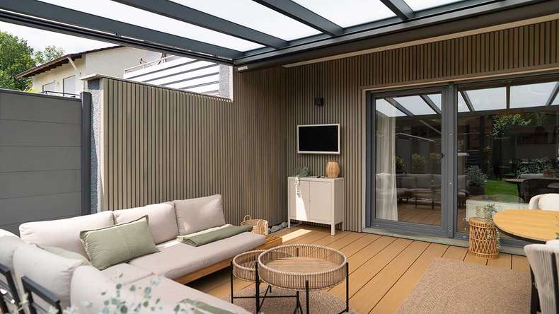 planeo MAXLine Nature - 3m WPC CoEx ummantelte XL Terrassendiele Verbundprofil leicht - Sand strukturiert/glatt gebürstet