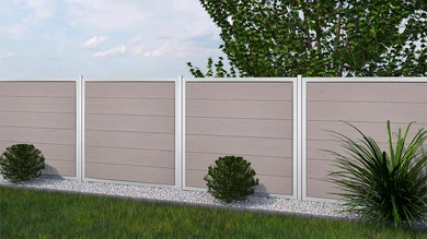 planeo Gardence Guard - BPC-Gartenzaun Quadratisch Bi-Color Sand mit Alu-Rahmen in Silber