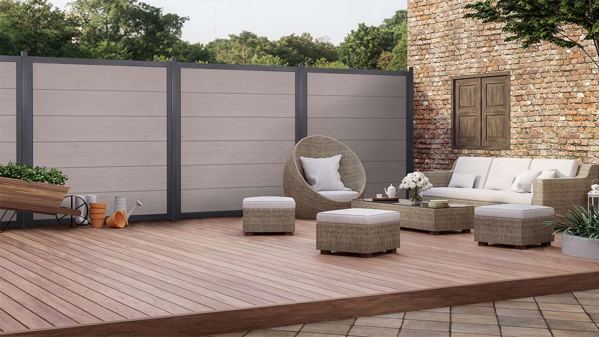 planeo Gardence Guard - BPC-Gartenzaun Quadratisch Bi-Color Sand mit Alu-Rahmen in Anthrazit