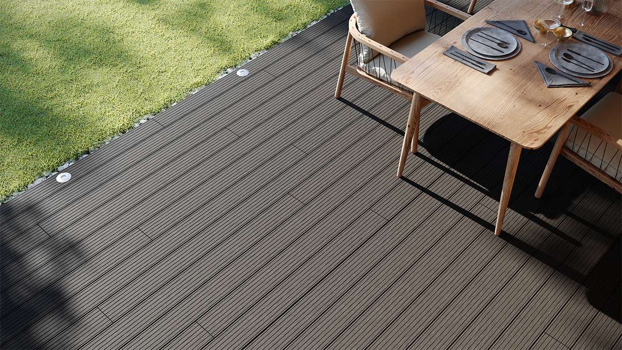planeo LightWood WPC-Terrasse Komplett-Set Hohlkammerdiele - Dunkelgrau gerillt/genutet