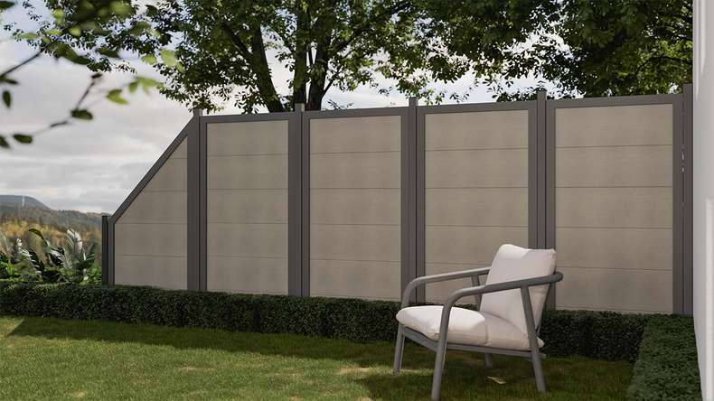 planeo Gardence Guard - BPC-Gartenzaun Hochkant Bi-Color Sand mit Alu-Rahmen in Anthrazit