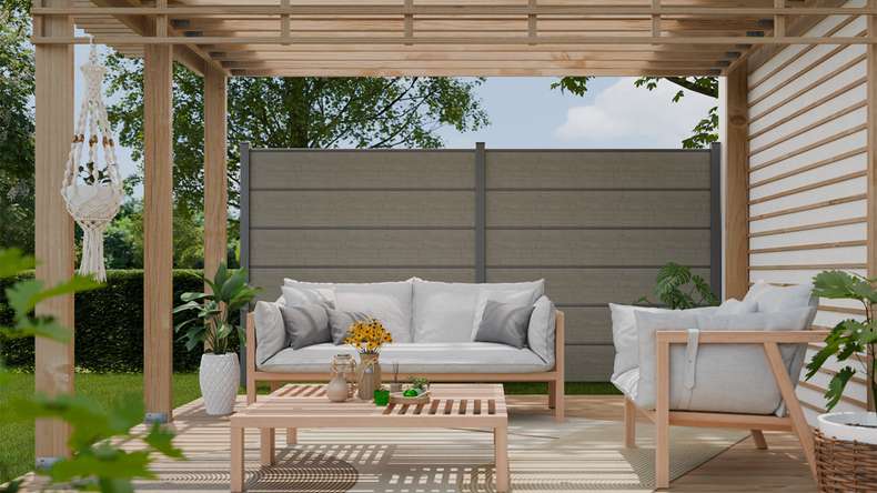 planeo Gardence Simply Premium - PVC-Steckzaun Grey Ash Cut mit Lisenen in Anthrazit 180 x 180 cm