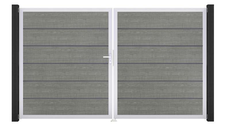 planeo Gardence Simply Premium - PVC-Tor 2-flügelig Grey Ash Cut mit Alurahmen 300 x 180 cm
