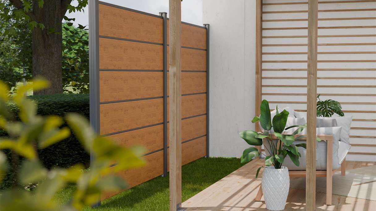 planeo Gardence Simply Premium - PVC-Steckzaun Asteiche Natur mit Lisenen in Anthrazit 180 x 180 cm