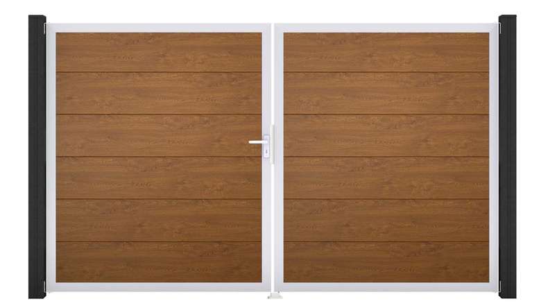planeo Gardence Simply - PVC-Tor - DIN Links 2-flügelig Golden Oak mit Silber-Alurahmen