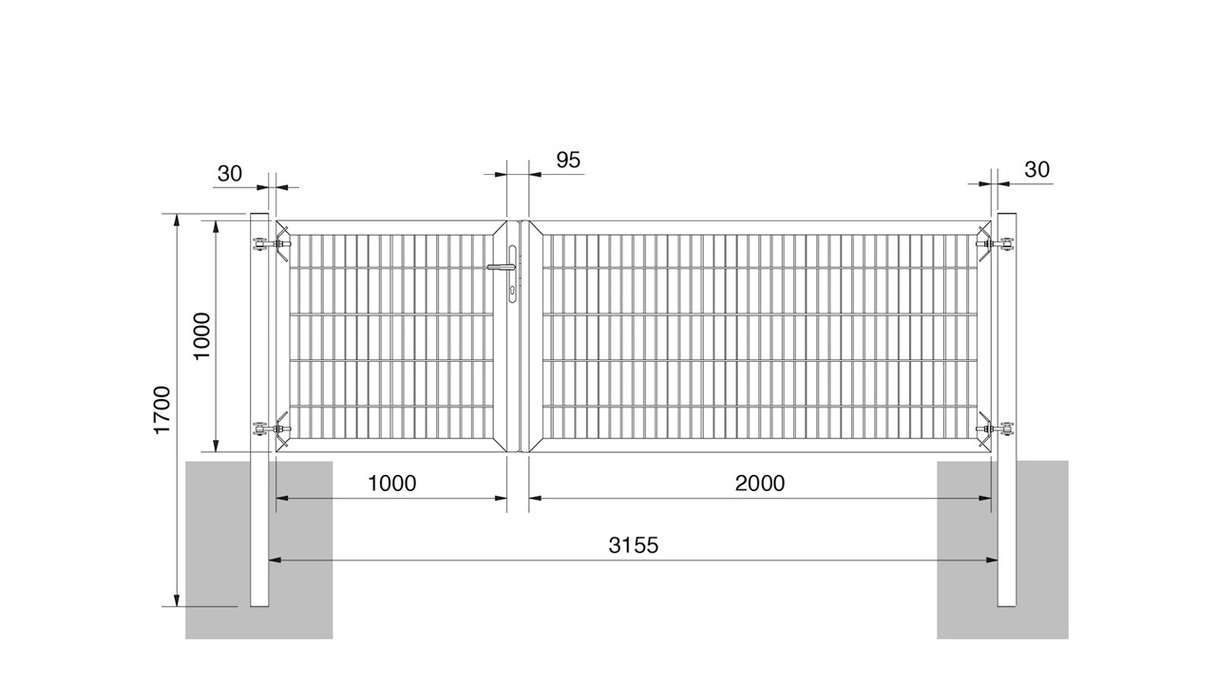 planeo Universaltor schwer 2-flg. Asymetrisch Feuerverzinkt H 1000 x B 3000 inkl. Torpfosten