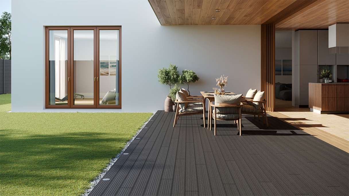 planeo LightWood WPC-Terrasse Komplett-Set Hohlkammerdiele - Dunkelgrau gerillt/genutet